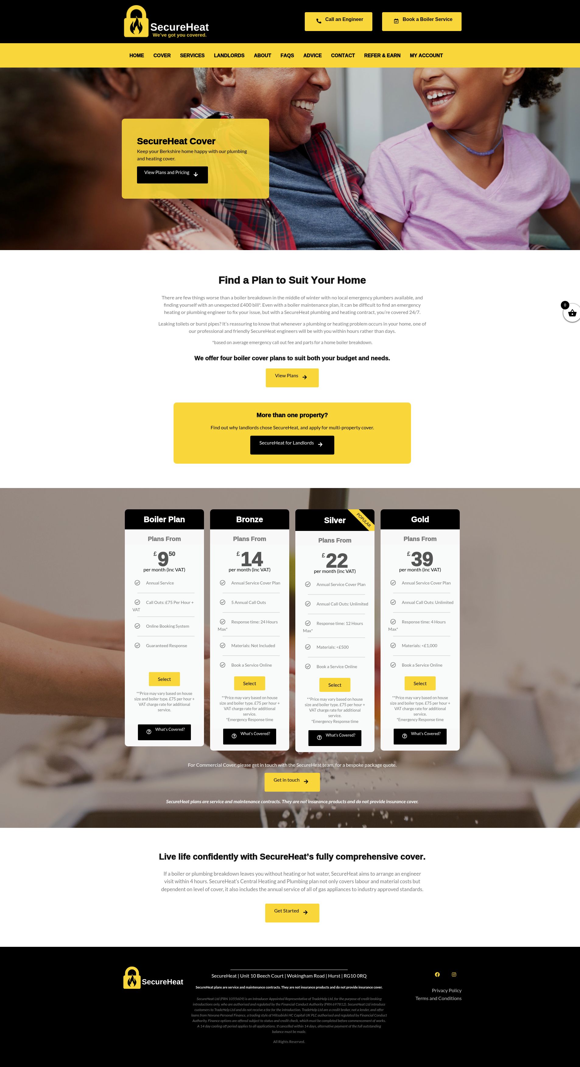 SecureHeat cover plans page with four-tier pricing table