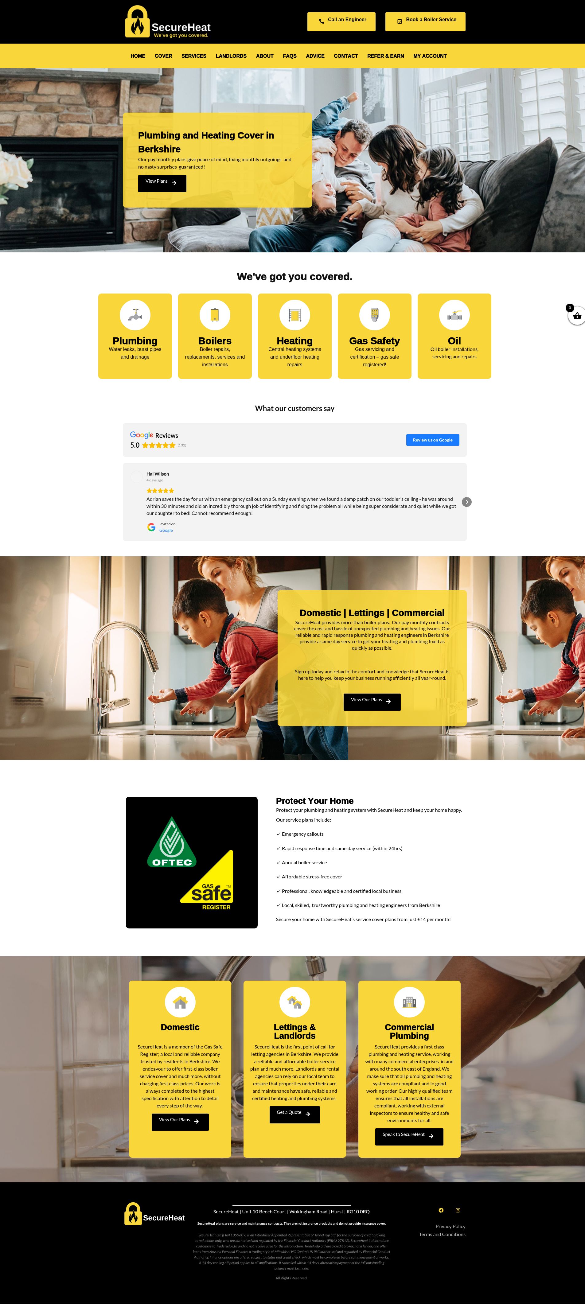 SecureHeat homepage full length showing repeated yellow boxes and grey text