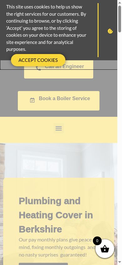 SecureHeat mobile view with cookie banner covering the logo